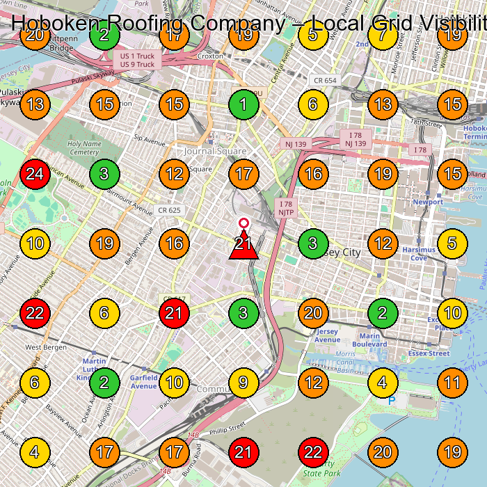 Hoboken Roofing Company Roofing Contractor GeoGrid ranking map for Jersey City NJ